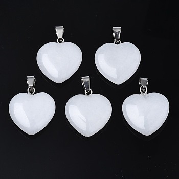 Heart Natural White Jade Pendants, with Platinum Tone Brass Findings, 20~22x20~21x5~8mm, Hole: 2x7mm