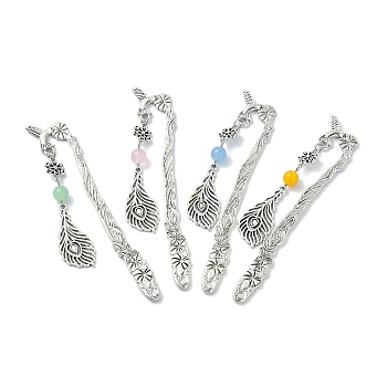 Natural & Dyed Malaysia Jade Round Beaded Alloy Bookmarks, Morning Glory Bookmark, Feather Pendant Book Marker, Mixed Color, 122mm
