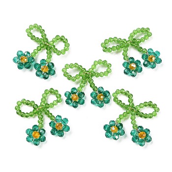 Glass Beaded Pendants, with Copper Wire, Bowknot with Flower Charms, Teal, 25~27x25~28x5~5.5mm, Hole: 5.5x7.5mm