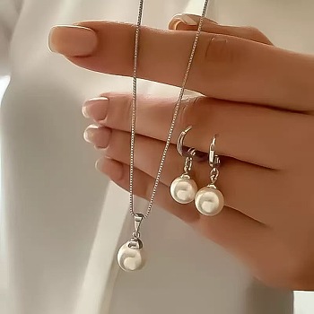 Round Alloy with Plastic Pearl Round Bead Hoop Earring & Pendant Necklaces Sets, Platinum, 35mm
