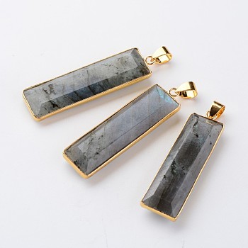 Faceted Rectangle Natural Labradorite Pendants, with Golden Tone Brass Findings, 43~47x12.5~13x6mm, Hole: 5x4mm