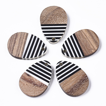 Resin & Walnut Wood Pendants, Opaque, Waxed, Teardrop, Black, 24.5x17x3.5mm, Hole: 2mm