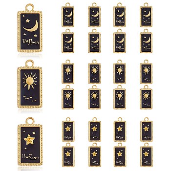24Pcs 3 Style Rack Plating Golden Alloy Enamel Pendants, Cadmium Free & Lead Free, Rectangle with Sun & Star & Moon, Black, 23x12x2mm, Hole: 2mm, 8pcs/style