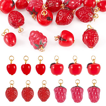 16Pcs Handmade Lampwork Pendants, with 304 Stainless Steel Open Jump Rings, Apple & Grape & Strawberry, Golden, 17~24mm