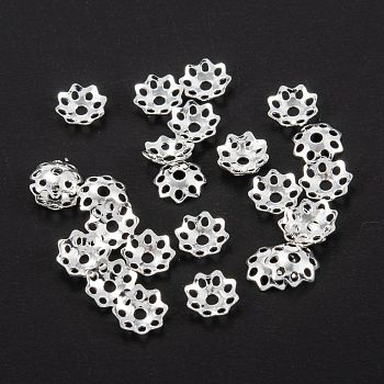 Multi-Petal Brass Bead Caps, Long-Lasting Plated, Rack Plating, Hollow Flower, Silver, 5x1mm, Hole: 1mm