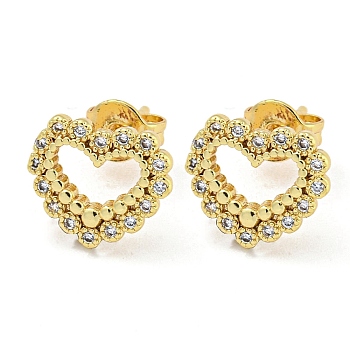 Hollow Heart Real 18K Gold Plated Brass Stud Earrings, with Cubic Zirconia, Clear, 9x10.5mm