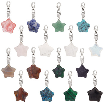 Star Gemstone Pendant Decoration, with Alloy Lobster Claw Clasps, 43mm, 16 color, 1pc/color, 16pcs/box