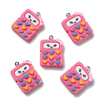 Opaque Resin Pendants, with Platinum Tone Iron Loops, Study Supplies, Calculator, Hot Pink, 27.5x19x7mm, Hole: 2mm