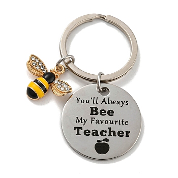 Teacher's Day Gift 201 Stainless Steel Flat Round with Word Keychains, with Bee Alloy Enamel Charm and Iron Key Rings, Stainless Steel Color, 6cm