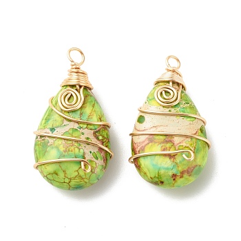 Natural Imperial Jasper Pendants, with Eco-Friendly Copper Wire Wrapped, Dyed, Teardrop, Golden, 37.5~38.5x20.5~21x11.5mm, Hole: 3.7mm