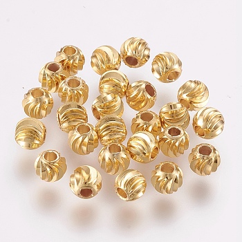 Brass Beads, Long-Lasting Plated, Round with Corrugated, Golden, 7x6mm, Hole: 2mm