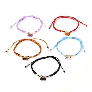 Adjustable Natural Gemstone Braided Bracelets, with Brass Beads, Mixed Color, 1/4 inch(0.5cm), Inner Diameter: 2-1/8~3-1/8 inch(5.5~8cm)