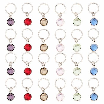 24Pcs 6 Colors Brass Glass Dreadlocks Beads, Braiding Hair Pendants Decoration Clips, Faceted Flat Round, Mixed Color, 25mm, 4pcs/color