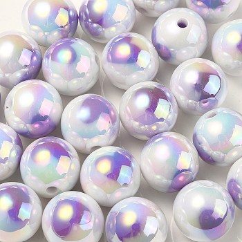 UV Plating Rainbow Iridescent Acrylic Beads, Round with Heart Pattern, Medium Purple, 16x15mm, Hole: 3mm