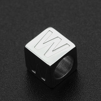 201 Stainless Steel European Beads, Large Hole Beads, Horizontal Hole, Cube, Stainless Steel Color, Letter.W, 7x7x7mm, Hole: 5mm
