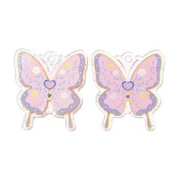 Transparent Acrylic Pendants, with Glitter Powder, Butterfly, Pink, 37.5x33.5x1.5mm, Hole: 2.8mm
