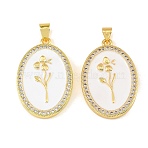 Brass Micro Pave Clear Cubic Zirconia Pendants, with White Enamel, Oval with Flower Charms, Golden, 33x21x3mm, Hole: 6x4mm(CU-CBA9175-29G)