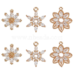6Pcs 3 Styles Brass Micro Pave Cubic Zirconia Pendants, Flower, with Glass, Golden, 16~18x13.5~16x2.5~3.5mm, Hole: 1.2~1.4mm(KK-GO0002-31)