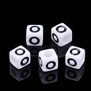 Letter Acrylic Beads, Cube, White, Letter O, Size: about 7mm wide, 7mm long, 7mm high, hole: 3.5mm, about 2000pcs/500g(PL37C9129-O)