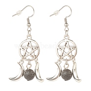 Woven Net with Natural Lava Rock Dangle Earrings, Alloy Moon and Star Earrings for Women, 58mm, Pin: 0.7mm(EJEW-JE04945-05)