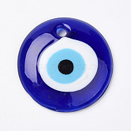 Handmade Lampwork Evil Eye Pendants, Flat Round, Blue, 50x8~10mm, Hole: 4.5~5.5mm(LAMP-E106-02B)
