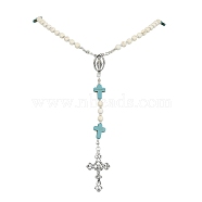 Synthetic Magnesite Rosary Bead Necklaces, Synthetic Turquoise & Alloy Cross Pendant Necklace, Antique Silver, 23.62 inch(60cm)(NJEW-TA00122-01)