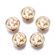 Plating ABS Plastic Beads, Flat Round with Moon & Star, Light Gold, 9x4mm, Hole: 1.5mm(X-KY-N007-81)