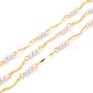 Handmade Brass Link Chains, with ABS Imitation Pearl Round Beads, Long-Lasting Plated, Soldered, with Spool, Curved Bar, Golden
, White, Link: 15x2.5x1mm, 10.5x4mm(CHC-C019-06)