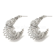 Brass Crescent Moon Stud Earrings, Wire Wrap Half Hoop Earrings, Platinum, 25.5x13mm(EJEW-K264-05P)