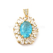 Brass Micro Pave Clear Cubic Zirconia Pendants, with Glass, Oval, Real 18K Gold Plated, Deep Sky Blue, 26x21.5x7mm, Hole: 4.5x3mm(KK-I695-015B)