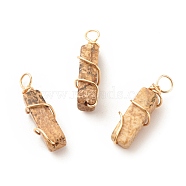 Natural Picture Japser Pendants, with Golden Tone Copper Wire Wrapped, Cuboid, 19~20x6x6mm, Hole: 2.5~3mm(PALLOY-JF01581-04)