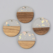 Transparent Resin & Walnut Wood Pendants, with Paillette/Sequin, Flat Round, Clear, 28x3mm, Hole: 2mm(X-RESI-S389-025A-E01)
