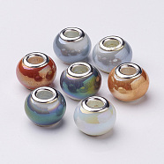 Electroplate Imitation Jade Glass  European Beads, with Silver Color Plated Brass Double Core, Full Rainbow Plated, Large Hole Rondelle Beads, Mixed Color, 14~15x11mm, Hole: 4.5~5mm(GPDL-Q015-01)