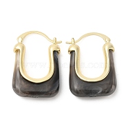Real 16K Gold Plated Brass Hoop Earrings, Resin Imitation Gemstone Earrings for Women, Black, 34x23x9mm(EJEW-A102-01G-01)