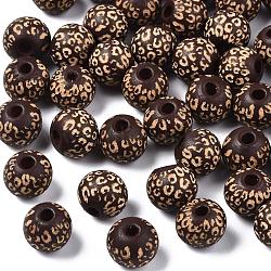 Painted Natural Wood Beads, Laser Engraved Pattern, Round with Leopard Print, Coconut Brown, 10x8.5mm, Hole: 2.5mm(X-WOOD-T021-53A-02)