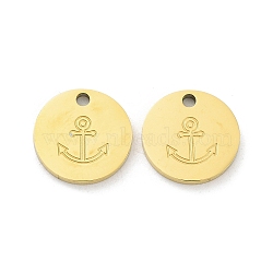 Ion Plating(IP) 316L Surgical Stainless Steel Charms, Flat Round with Anchor Charm, Real 18K Gold Plated, 12x1.5mm, Hole: 1.5mm(STAS-D029-35G)