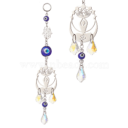 Evil Eye Lampwork Window Hanging Suncatchers, 201 Stainless Steel Hamsa Hand/Lotus Pendants & Glass Leaf Pendants Decorations Ornaments, Colorful, 172x32mm(HJEW-JM00936)