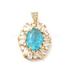 Brass Micro Pave Clear Cubic Zirconia Pendants, with Glass, Oval, Real 18K Gold Plated, Deep Sky Blue, 26x21.5x7mm, Hole: 4.5x3mm(KK-I695-015B)