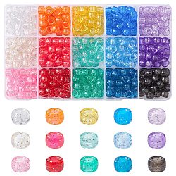 450Pcs 15Colors Transparent Plastic Beads, with Glitter Powder, Barrel, Mixed Color, 9x6mm, Hole: 3.8mm, 30pcs/color(KY-YW0001-49)