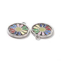 Alloy Enamel Pendants, Rotatable, Flat Round with Flower Charm, Platinum, 29x26x3mm, Hole: 3mm(FIND-H041-27P)