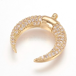 Brass Micro Pave Cubic Zirconia Pendants, Crescent Moon/Double Horn, Real 18K Gold Plated, 18x17x3mm, Hole: 1mm(X-ZIRC-G107-05G)