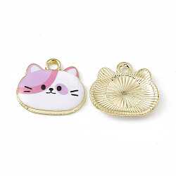 Painted Alloy Pendants, Cat Charm, Cadmium Free & Nickel Free & Lead Free, Golden, Orchid, 18x20x2.5mm, Hole: 2.3mm(PALLOY-P288-02G-04)