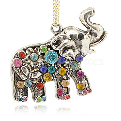 Alloy Rhinestone Animal Pendants, Elephant, Colorful, Antique Silver, 45x35x5mm, Hole: 2mm(TIBE-M001-173)