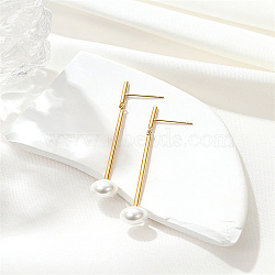 304 Stainless Steel Column Dangle Stud Earrings, Natural Pearl Drop Earrings, Real 18K Gold Plated, 61.5x8mm(VW1668-3)