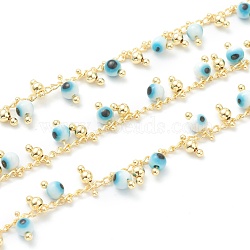 Golden Brass Curb Chain, Twisted Chain, with Enamel Evil Eye &  Brass Charms, Long-Lasting Plated, with Spool, Soldered, Light Blue, Charms: 7x3mm and 8x4mm, 32.8 Feet(10m)/roll(CHC-H103-09A-LG)