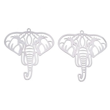 201 Stainless Steel Filigree Pendants, Etched Metal Embellishments, Elephant, Stainless Steel Color, 44x40x0.3mm, Hole: 1.8mm