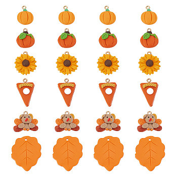 24Pcs 6 Styles Thanksgiving Day Handmade Polymer Clay Pendants, with Light Gold Plated Iron Loop, Bird &  Pumpkin & Leaf & Sunflower & Chocolate, Mixed Color, 17.5~32x16~29x3~9mm, Hole: 1.6~2mm, 4pcs/style