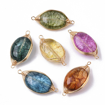 Natural Quartz Crystal Links Connectors, Dyed, Wire Wrapped Links, with Brass Wires, Oval, Light Gold, Mixed Color, 23~24x11~12x6mm, Hole: 1~1.5mm