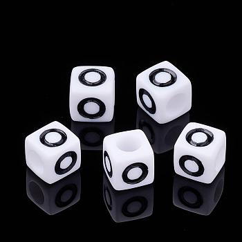Letter Acrylic Beads, Cube, White, Letter O, Size: about 7mm wide, 7mm long, 7mm high, hole: 3.5mm, about 2000pcs/500g