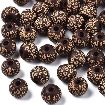 Painted Natural Wood Beads, Laser Engraved Pattern, Round with Leopard Print, Coconut Brown, 10x8.5mm, Hole: 2.5mm